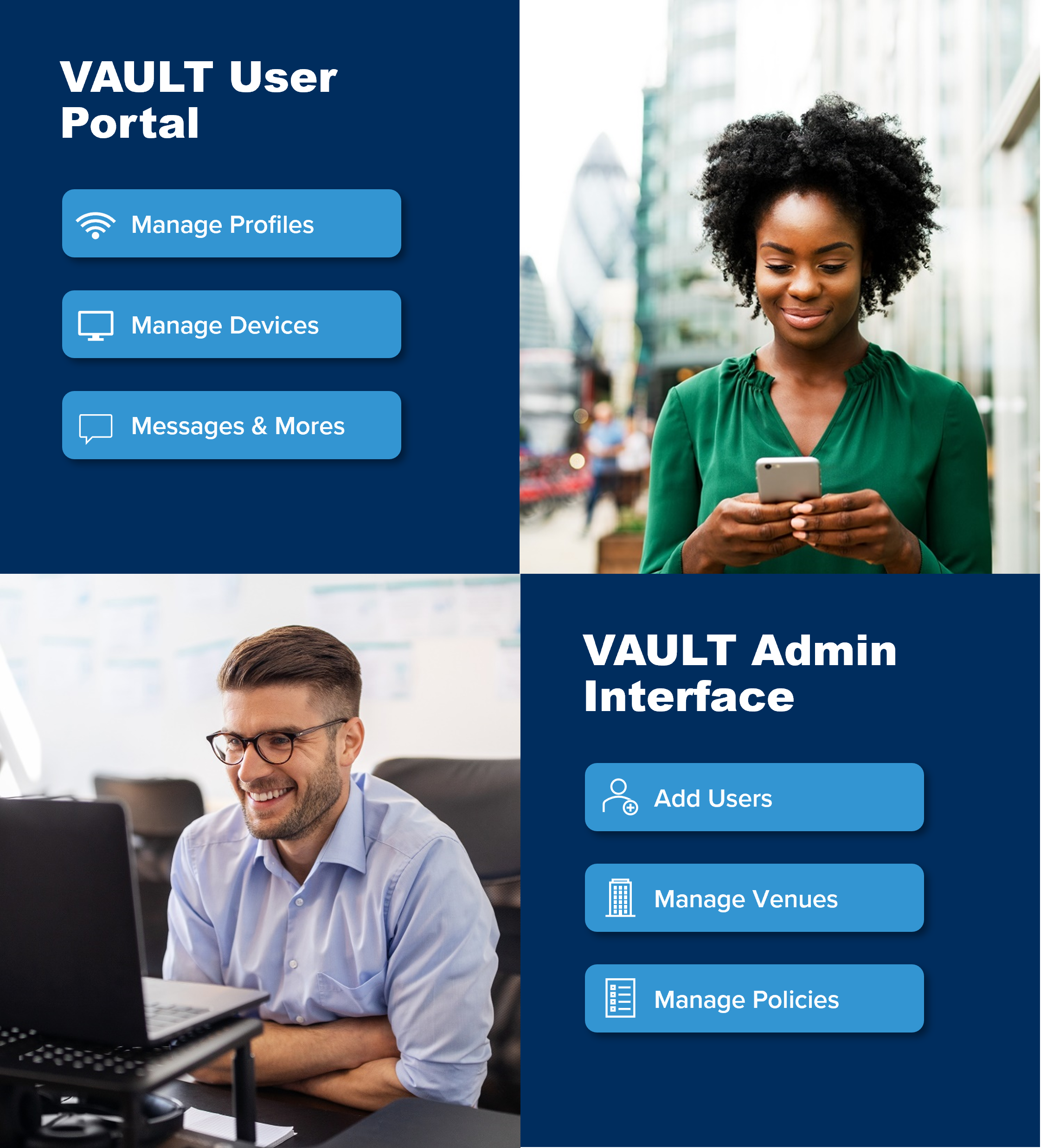 VAULT automatically onboards users to your network, configures network policies such as user bandwidth, and allows users to manage their Wi-Fi account and password.