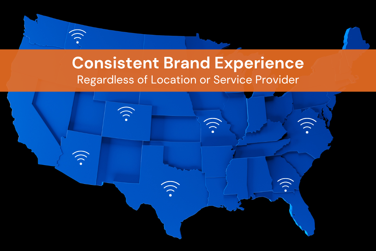 Map of the United States with messaging about a consistent brand experience regardless of location or service provider.